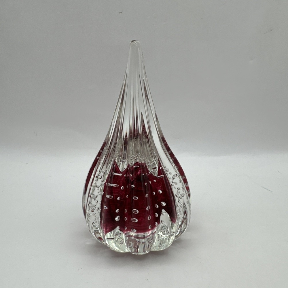 Vintage Joe Rice Art Glass Paperweight Teardrop Red Geometric Controlled Bubble